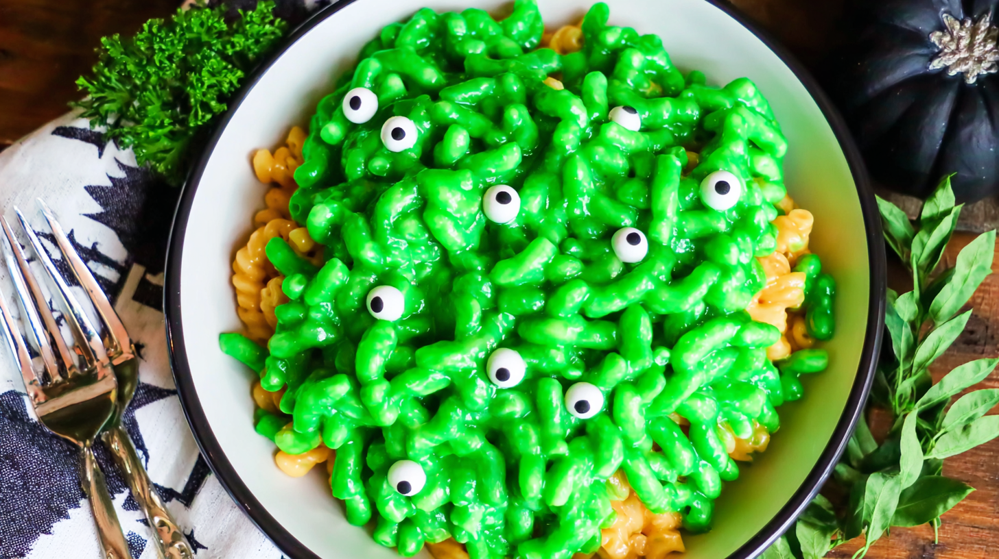 Halloween mac and cheese in spooky black bowl