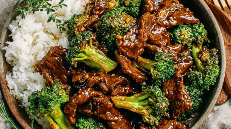 Glossy Chinese Beef and Broccoli in a white bowl.