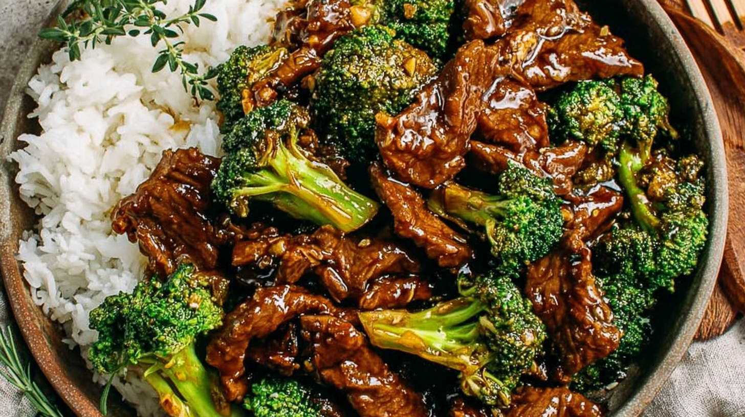Glossy Chinese Beef and Broccoli in a white bowl.