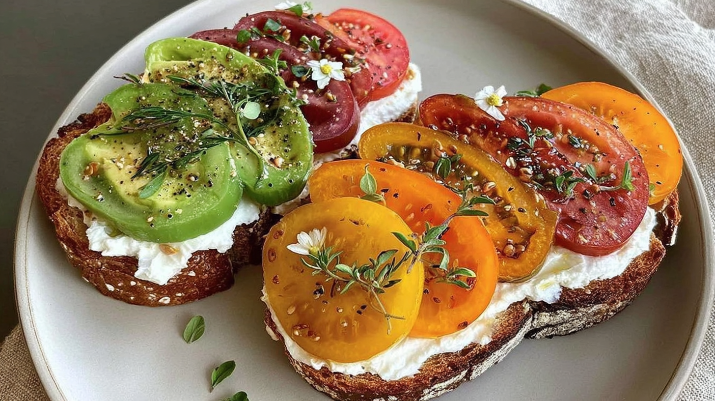 Assembling avocado and tomato sandwich on toast