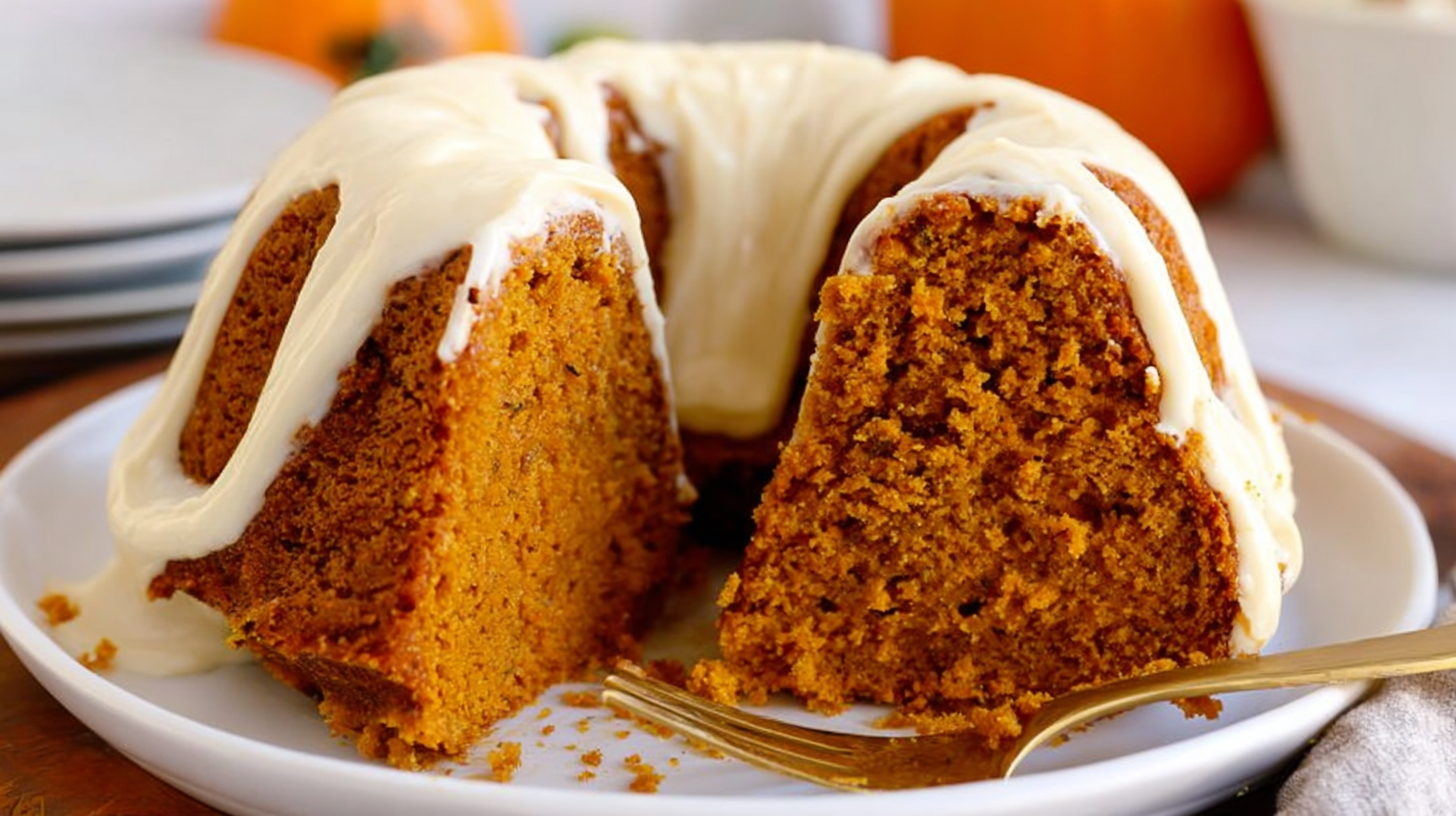 Pumpkin Bundt Cake drizzled with maple glaze on a fall-themed table