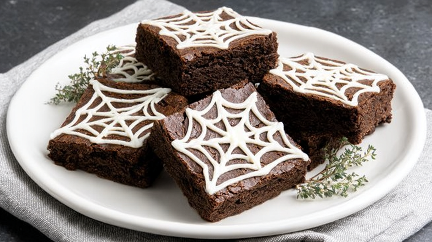 Spider Web Halloween Brownies in a decorated spooky setting
