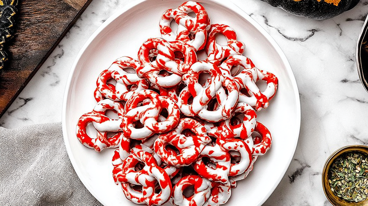 Halloween pretzels with festive toppings on a dark background