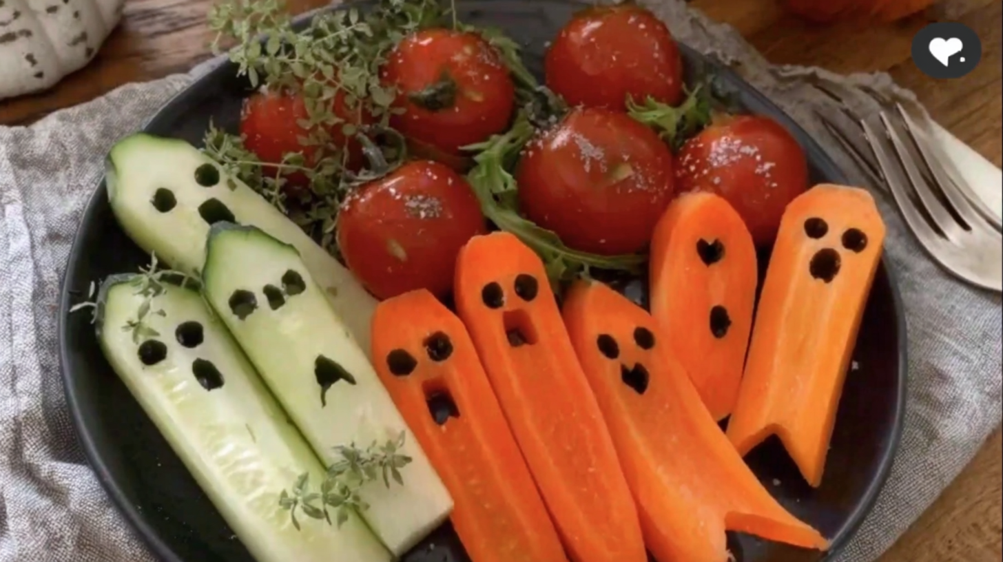 Spooky Halloween veggie platter shaped like a skeleton