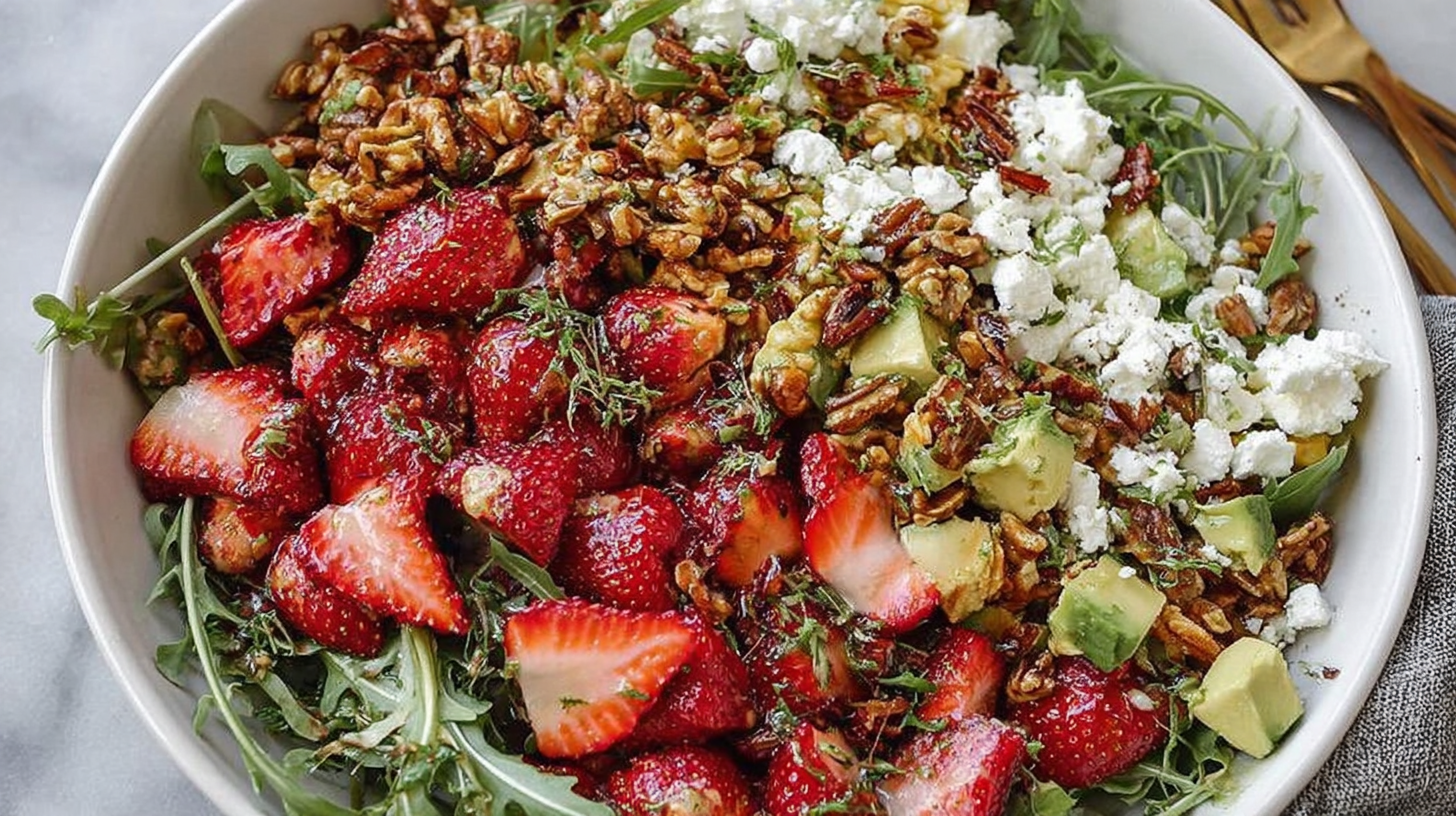 Strawberry Crunch Salad in ceramic bowl with goat cheese and nuts