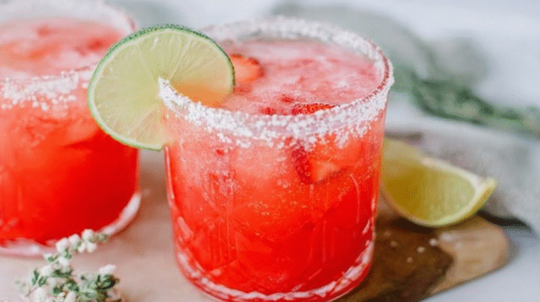 Strawberry lime mocktail margarita in a salt-rimmed glass with lime and strawberry garnish