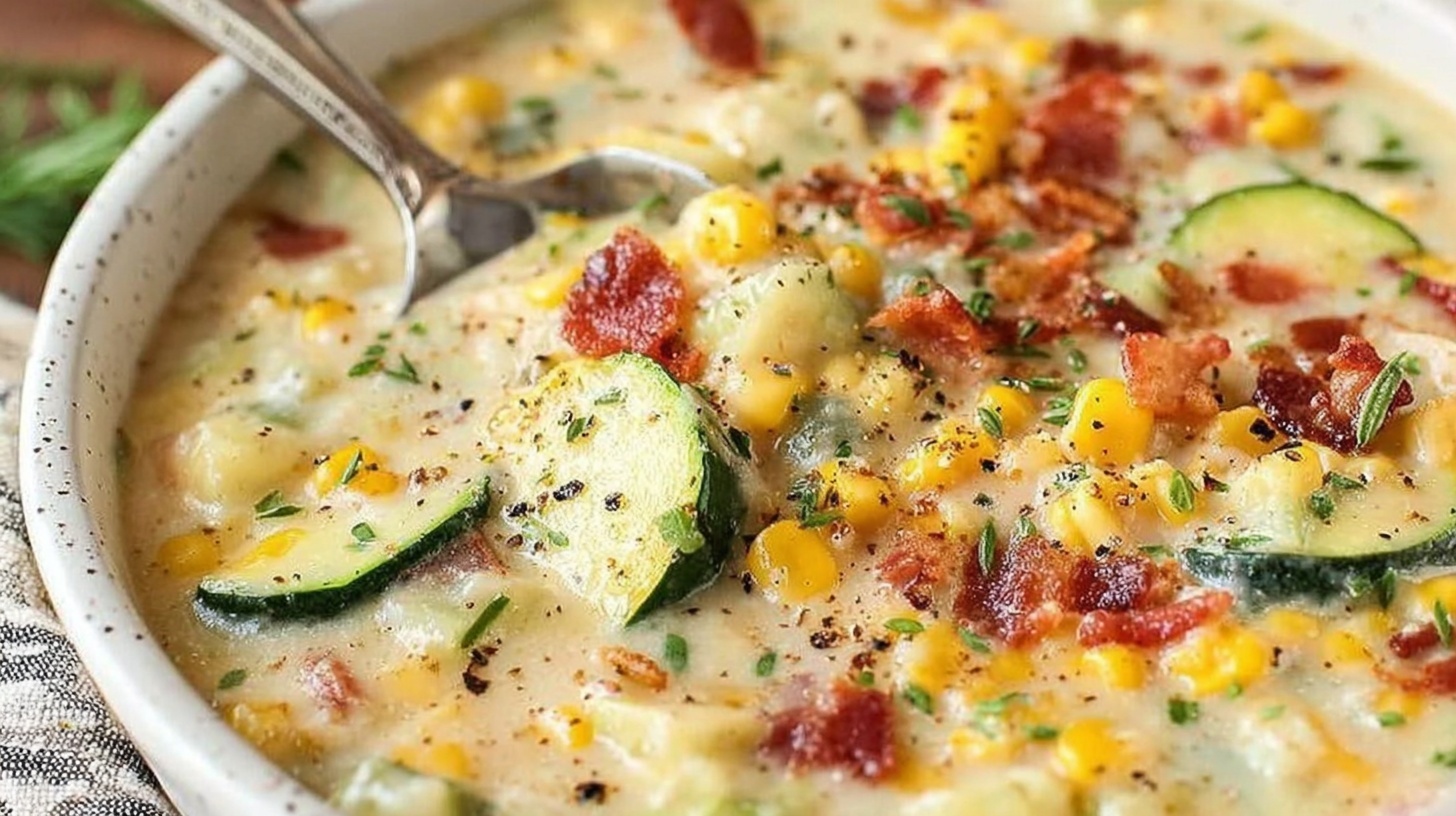 Creamy summer corn and zucchini chowder in a rustic bowl