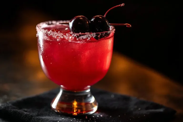 Glowing Halloween rum cocktails garnished with spooky decorations.