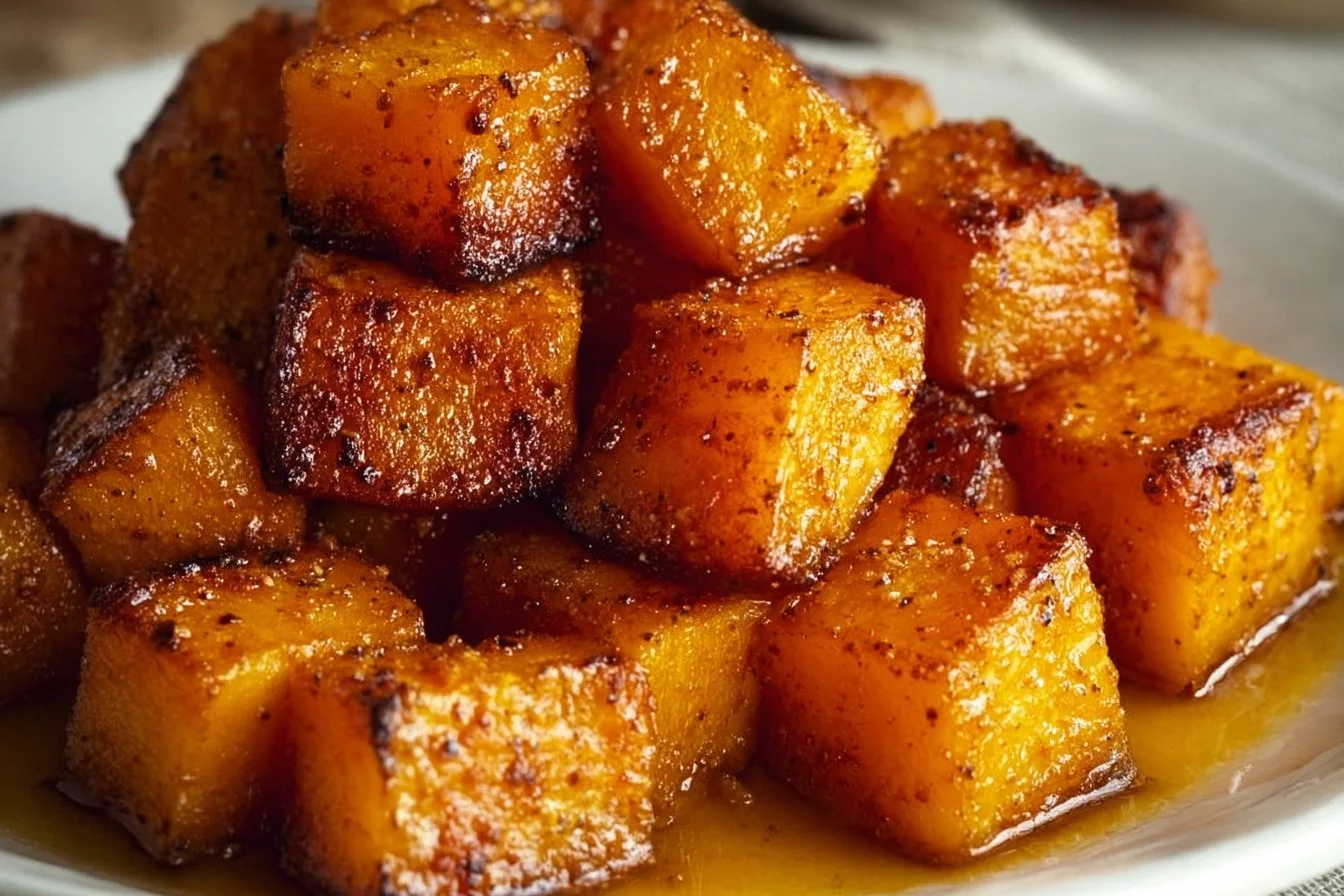 Delicious brown sugar roasted butternut squash served on plate