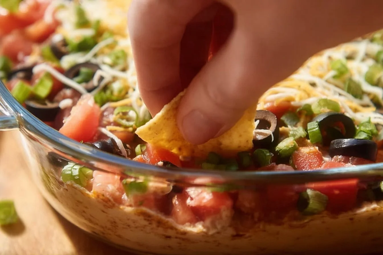 Delicious 7-layer dip served in a bowl with colorful layers of ingredients.