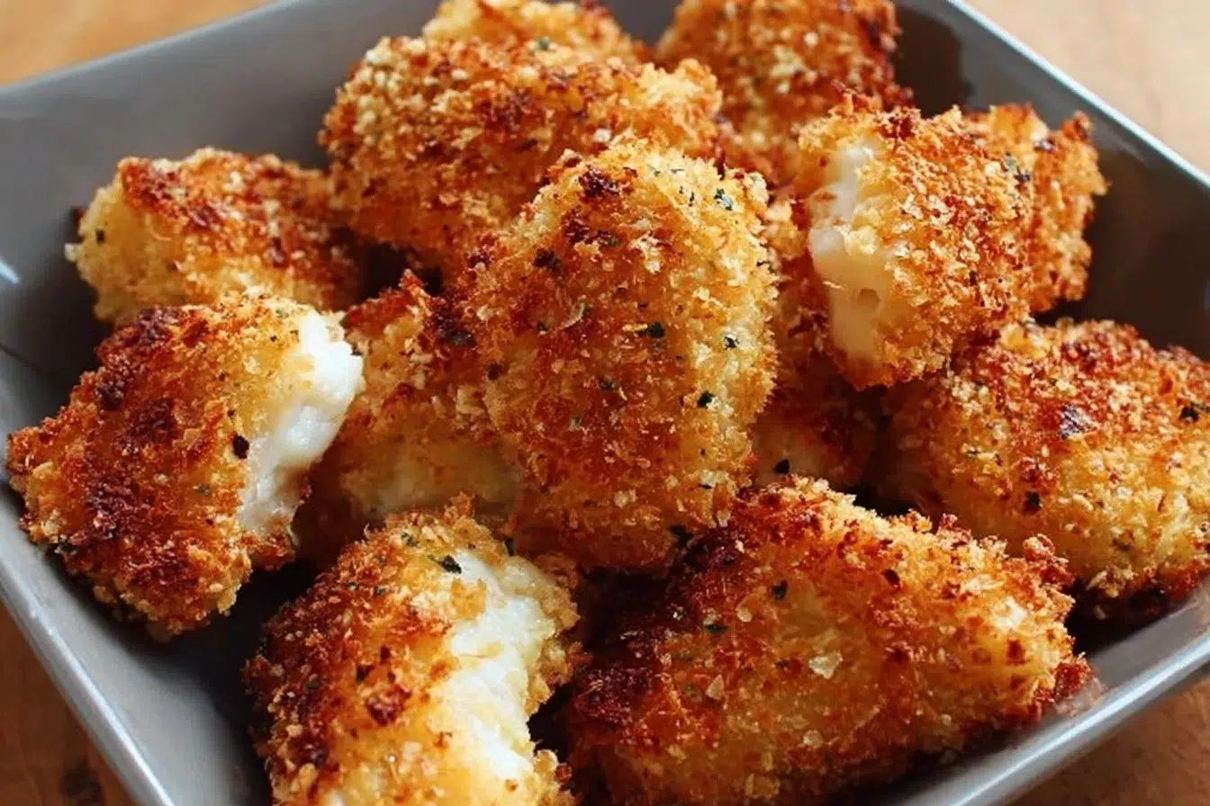 Air fryer ranch-crusted chicken bites served on a plate
