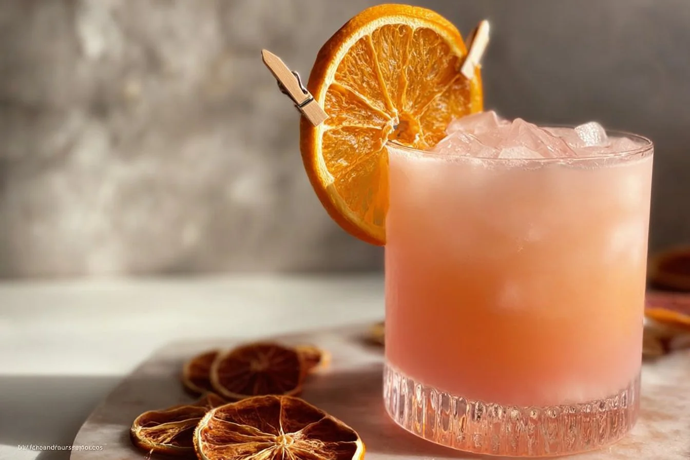 Aperol Coconut Margarita cocktail garnished with fresh coconut and orange slices