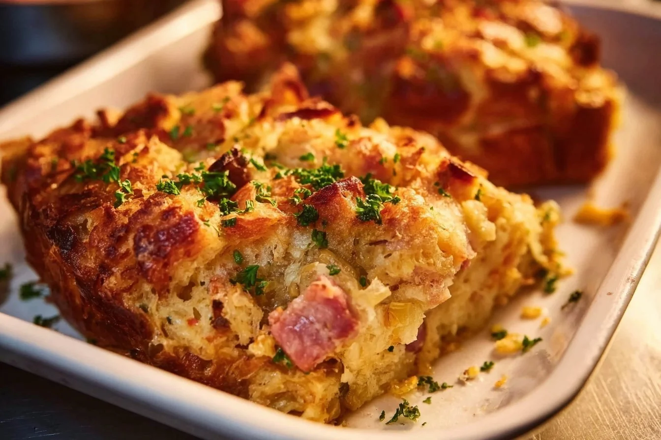 A bowl of Apple and Ham Stuffing ready to serve, showcasing fresh ingredients.