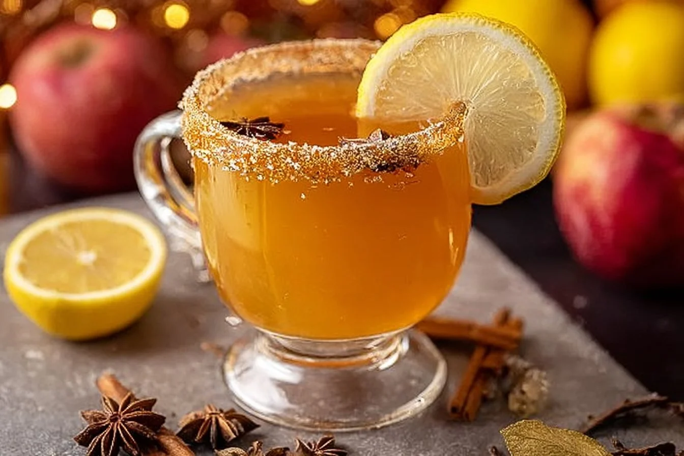 Apple Cider Fireball Hot Toddy drink garnished with cinnamon stick and apple slice.