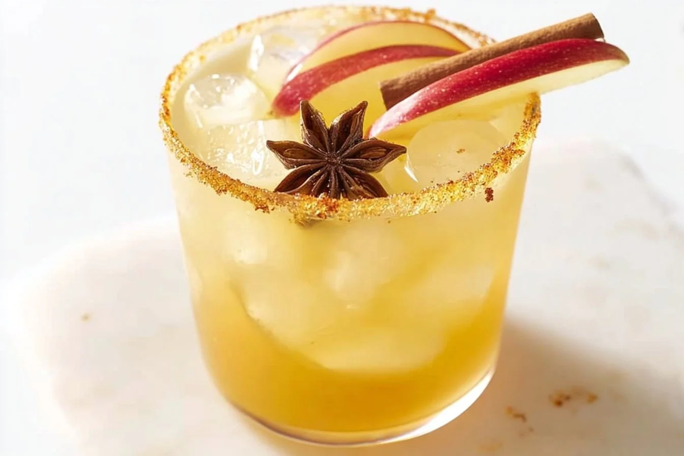 Apple Cider Margarita in a glass with apple slices and a cinnamon stick