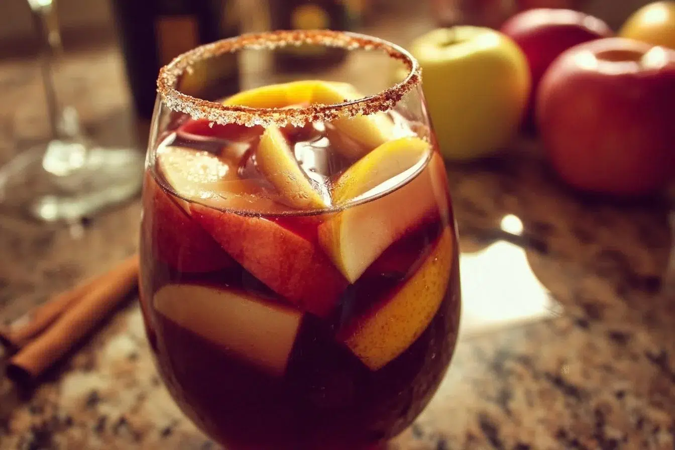 Glass of Apple Cider Sangria with apple slices and cinnamon sticks