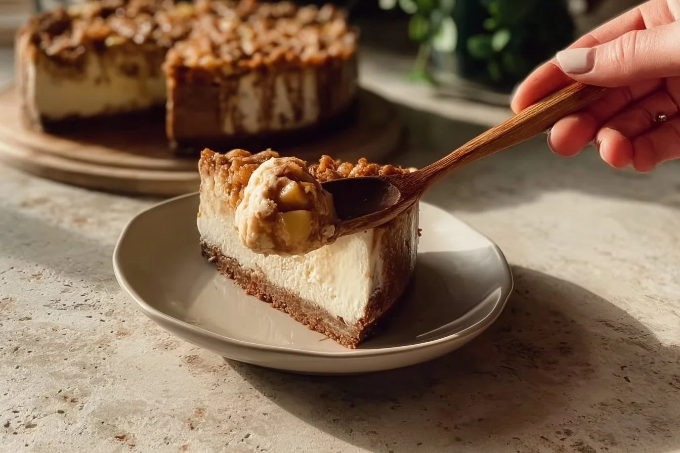Delicious apple crumble cheesecake with a crunchy topping and creamy filling