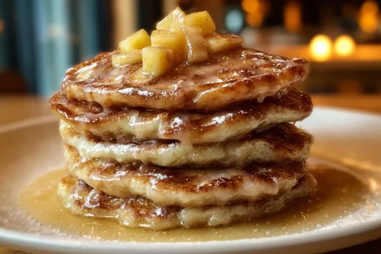 Delicious Apple Fritter Pancakes topped with syrup and apples