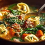 Bowl of autumn tortellini soup with sausage, garnished with herbs.