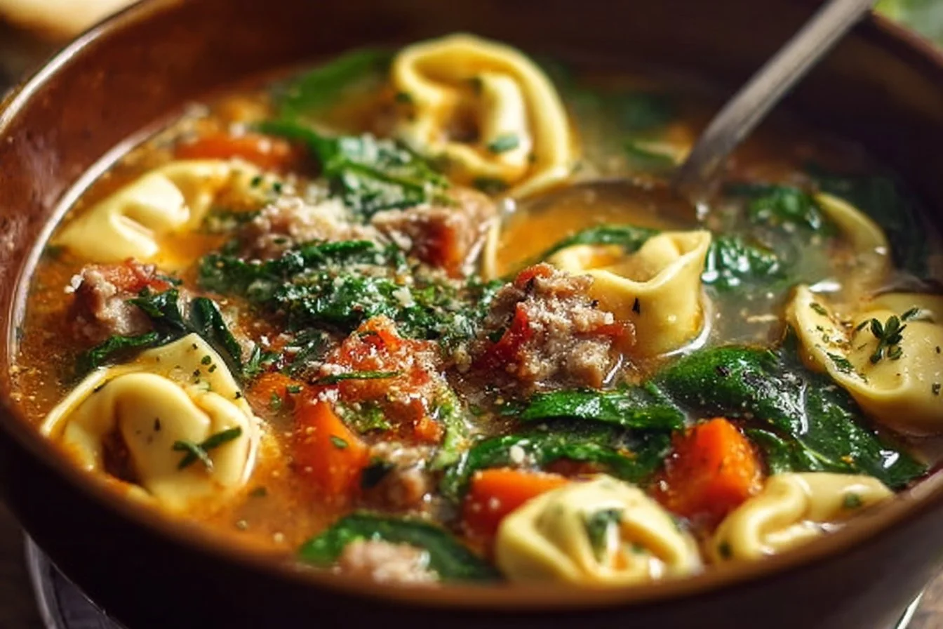 Bowl of autumn tortellini soup with sausage, garnished with herbs.