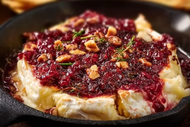 Delicious baked brie topped with jam and nuts served on a wooden platter.