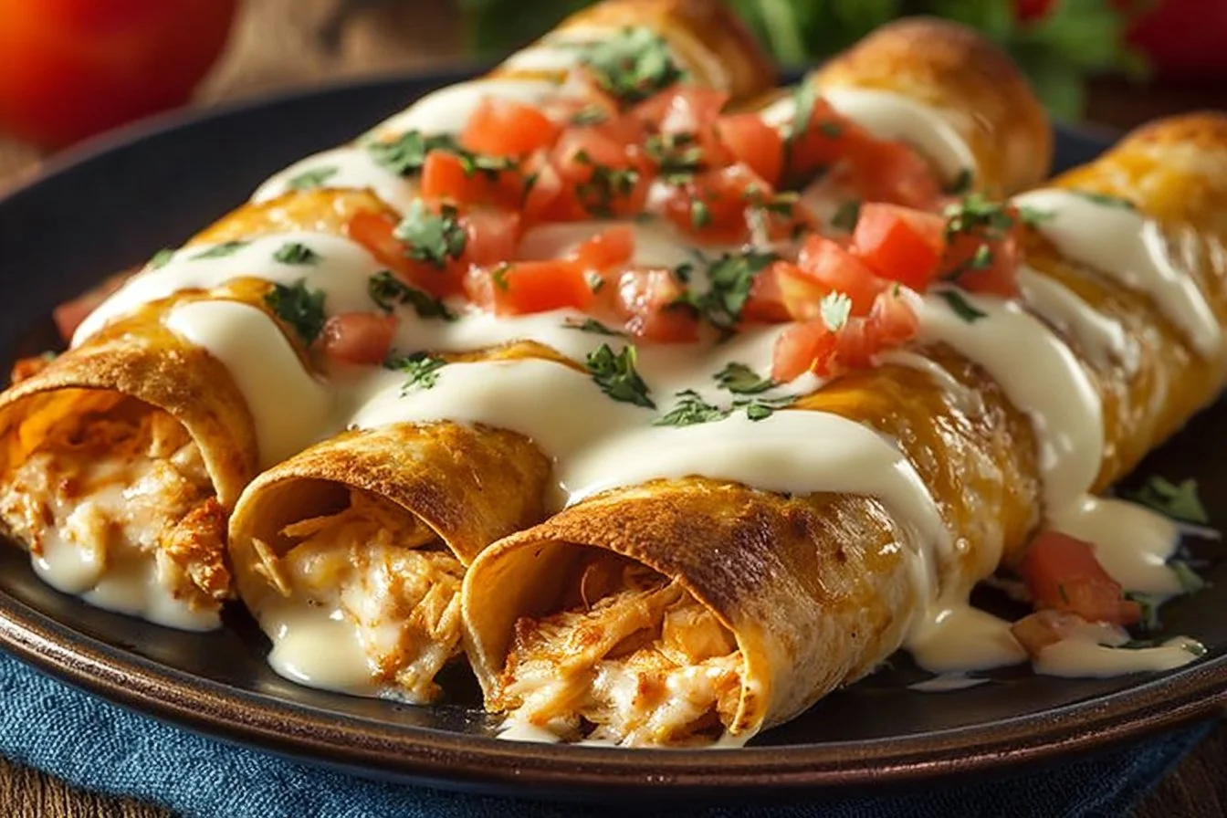 Baked cream cheese chicken taquitos served on a plate with dipping sauce