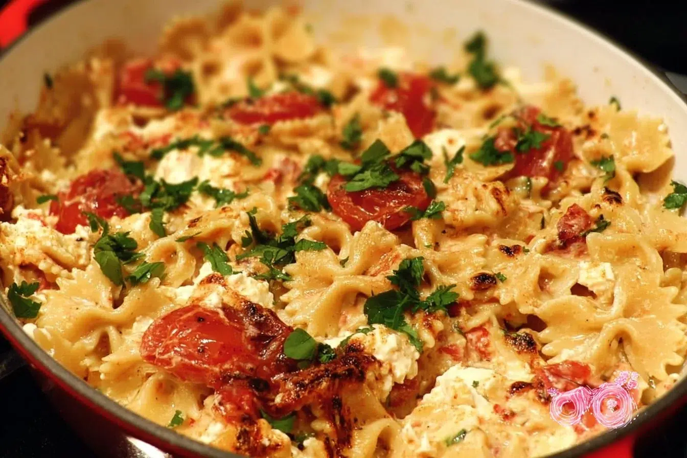 Baked feta pasta dish with tomatoes and herbs, served in a bowl