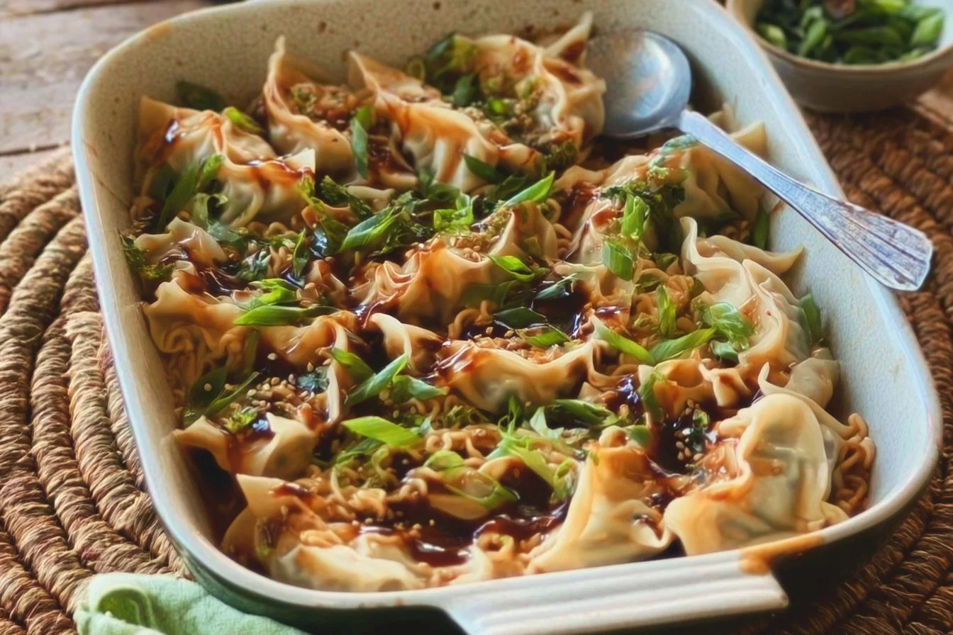 Delicious Belly Full Thai Dumpling Casserole topped with fresh herbs and spices.