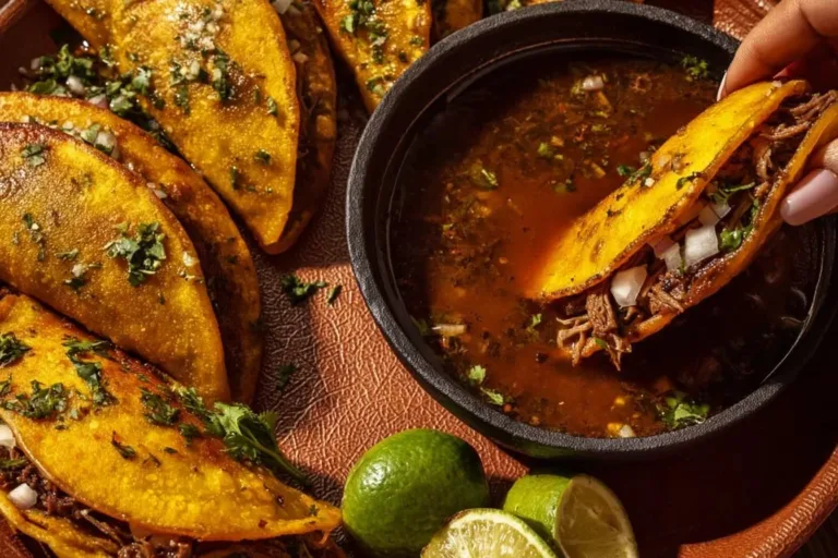 Delicious homemade Birria Tacos served with toppings and consommé.