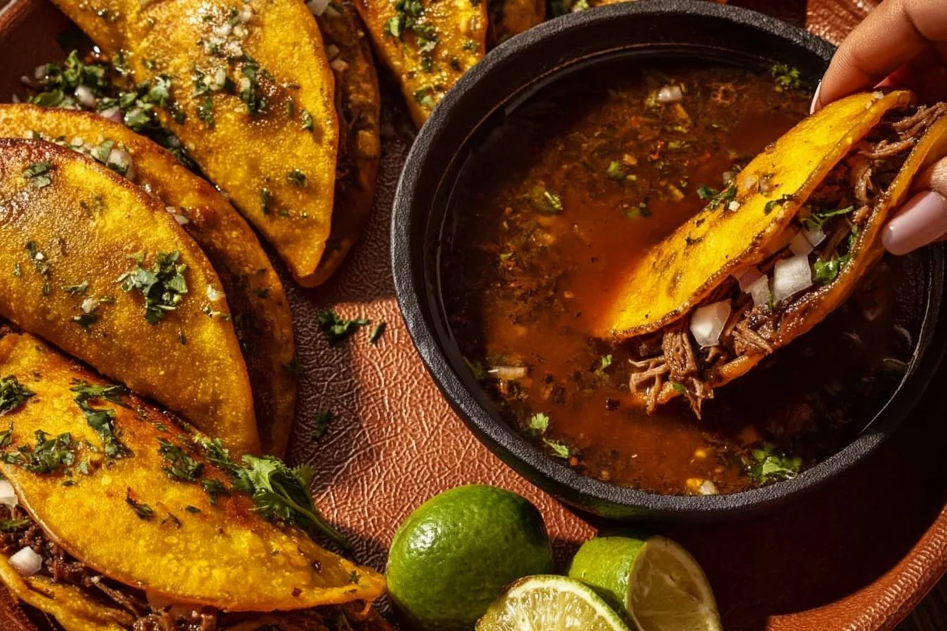 Delicious homemade Birria Tacos served with toppings and consommé.