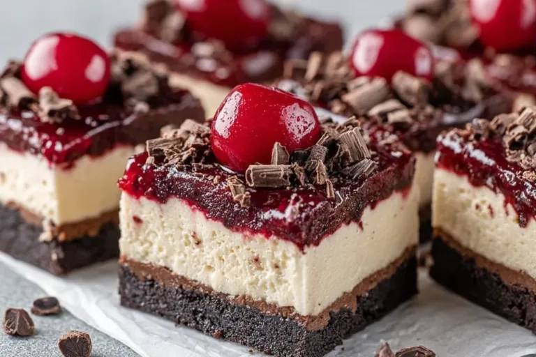 Decadent Black Forest Cheesecake Bars with cherries and chocolate topping