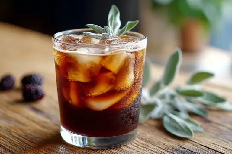 Delicious Blackberry Sage Cold Brew served in a glass with fresh blackberries and sage leaves.