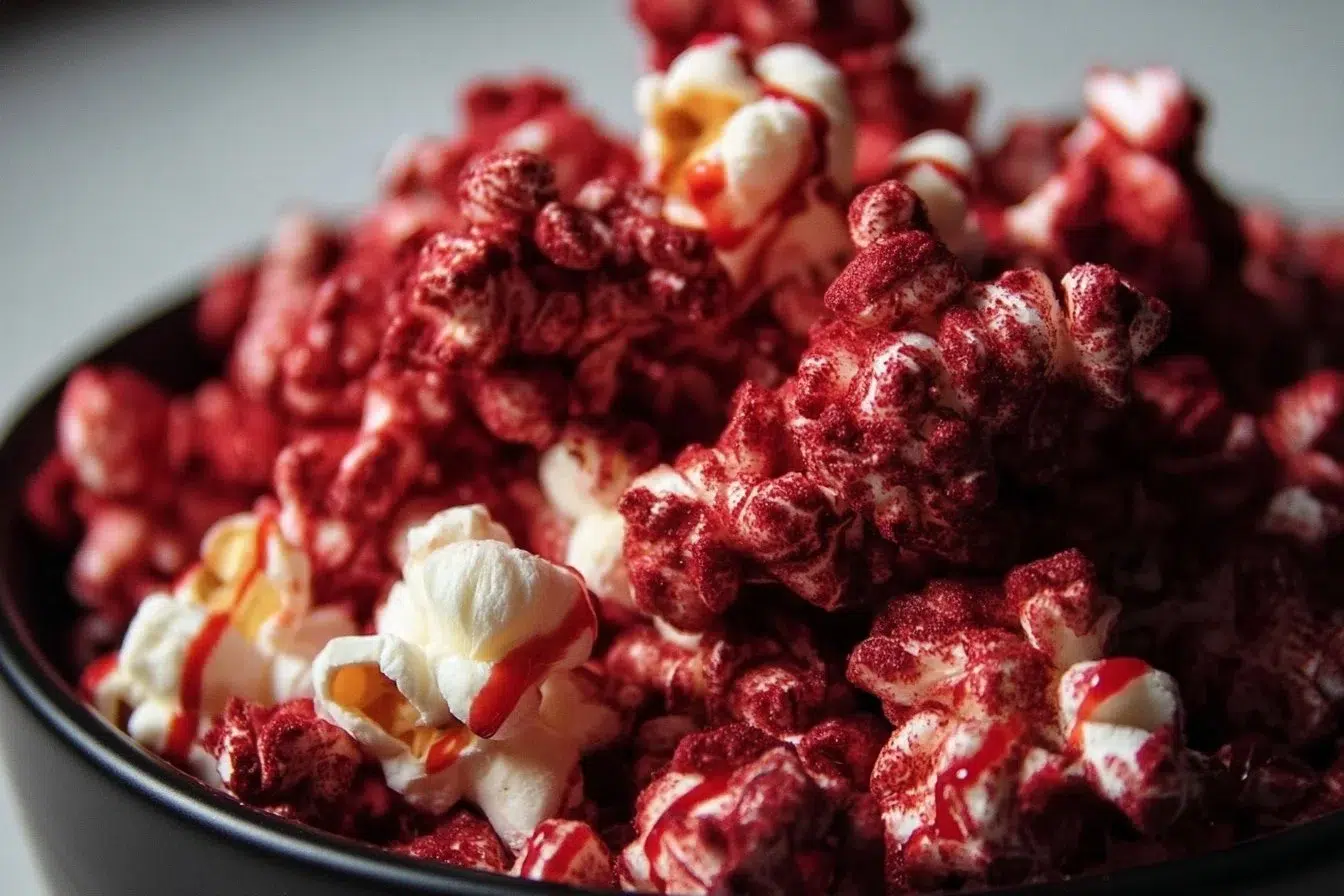 Bloody red velvet popcorn displayed in a bowl