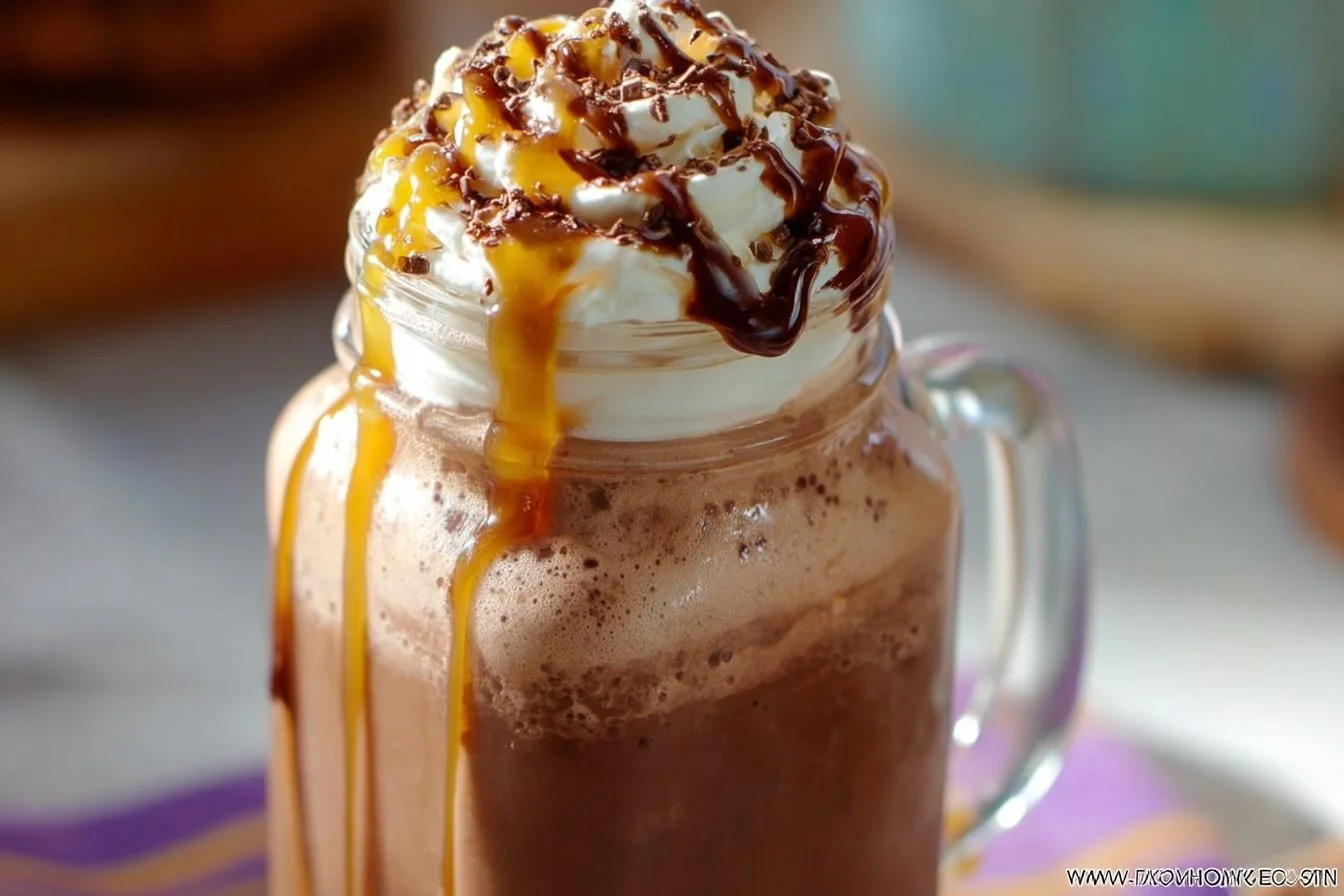A chilled boozy mocha frappe topped with whipped cream and chocolate drizzle.