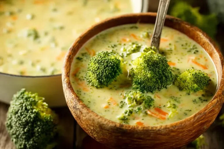 Bowl of creamy broccoli cheddar soup with fresh broccoli and cheese.