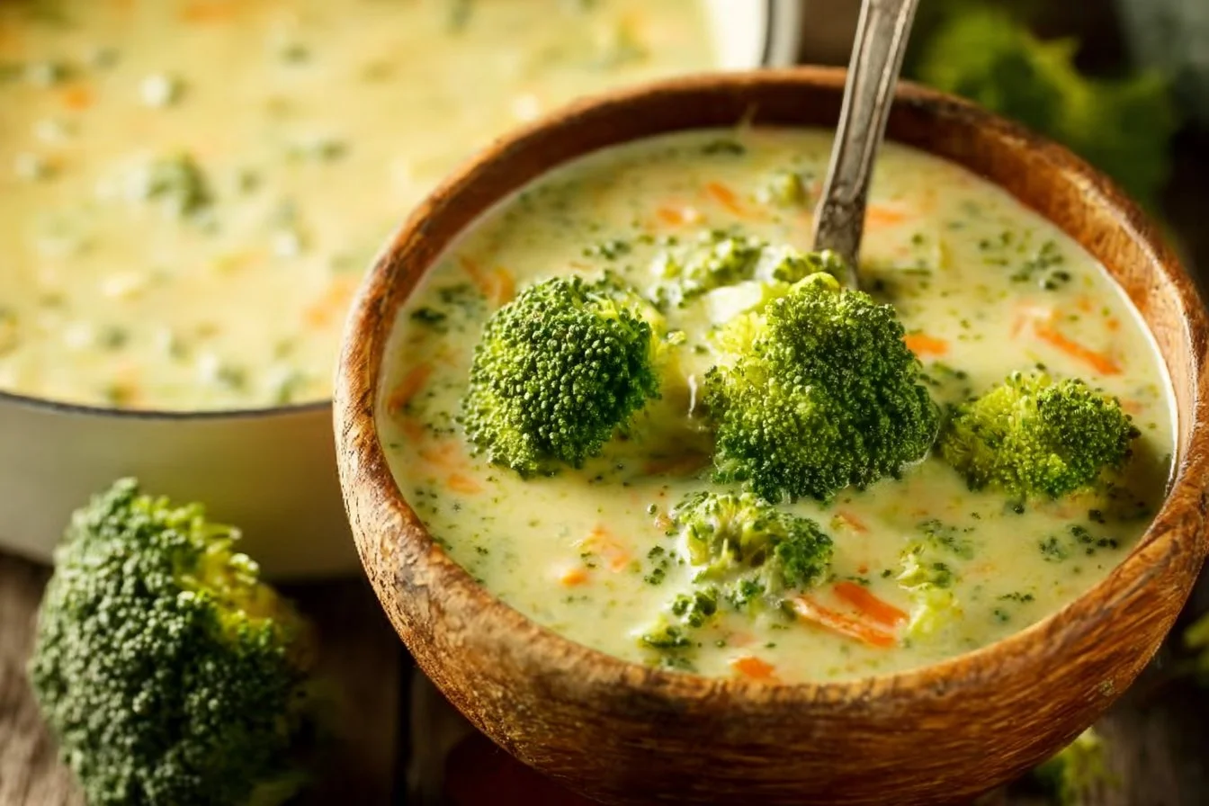 Bowl of creamy broccoli cheddar soup with fresh broccoli and cheese.