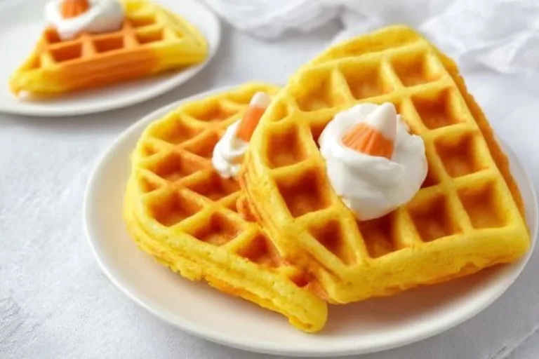 Delicious Candy Corn Waffles topped with whipped cream and candy corn decorations