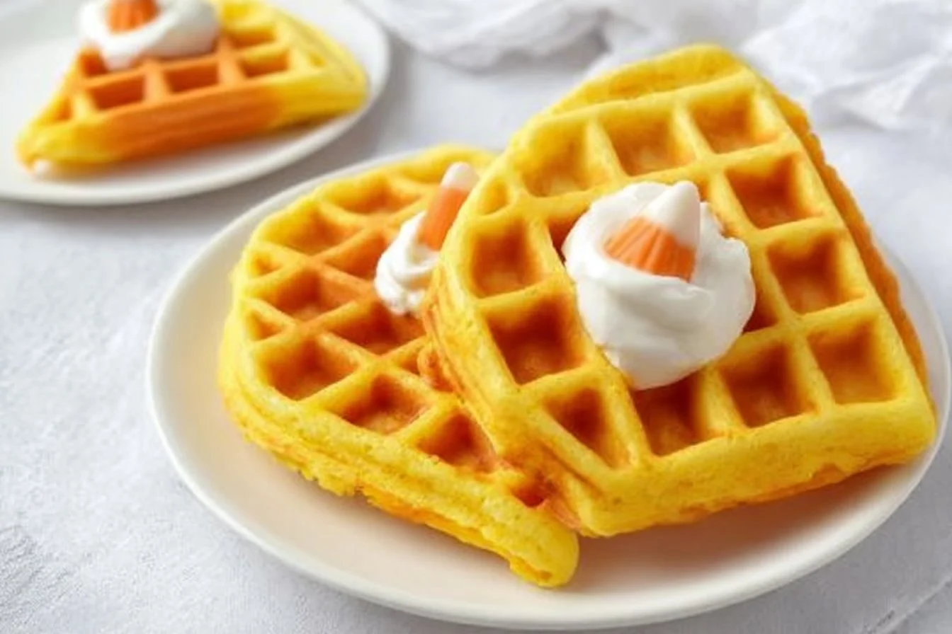 Delicious Candy Corn Waffles topped with whipped cream and candy corn decorations