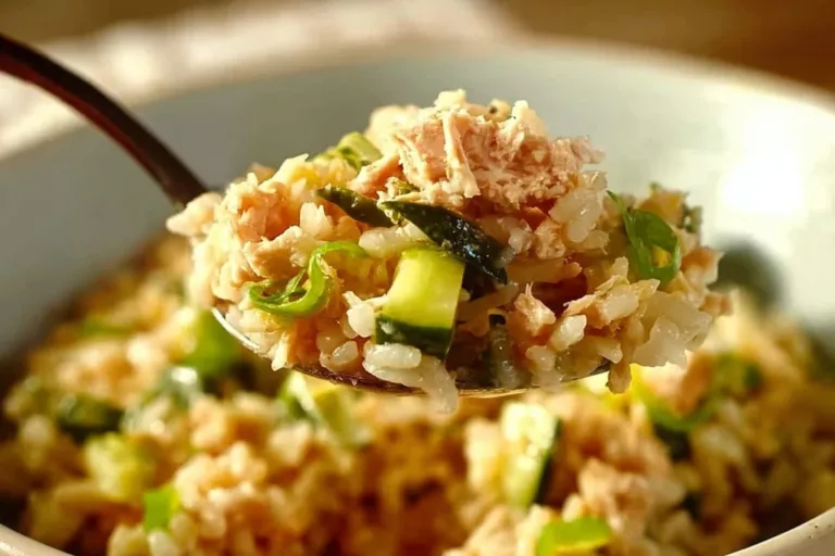 Canned tuna rice bowl topped with fresh vegetables and herbs