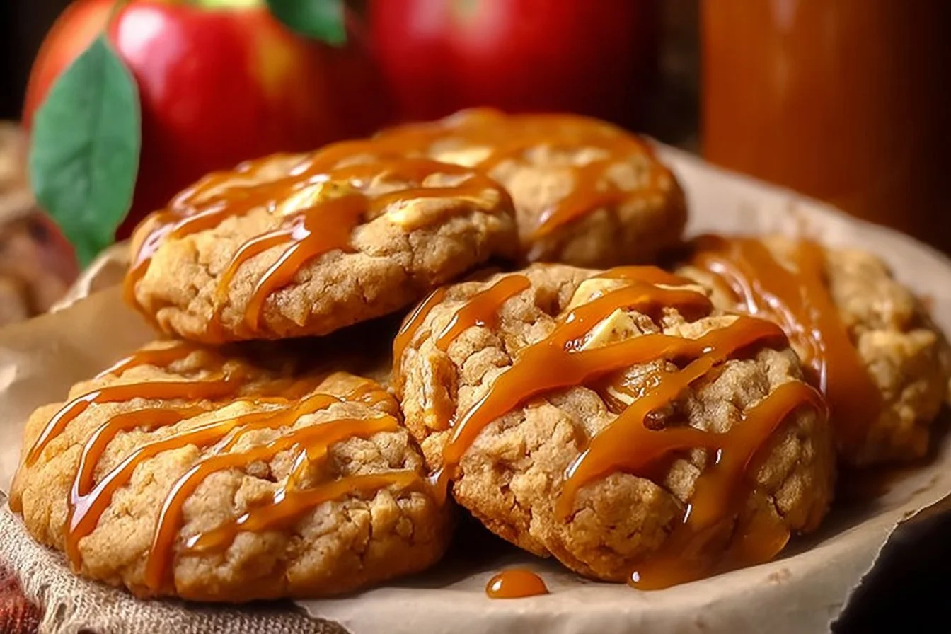 Freshly baked caramel apple cookies with apples and caramel drizzle on top
