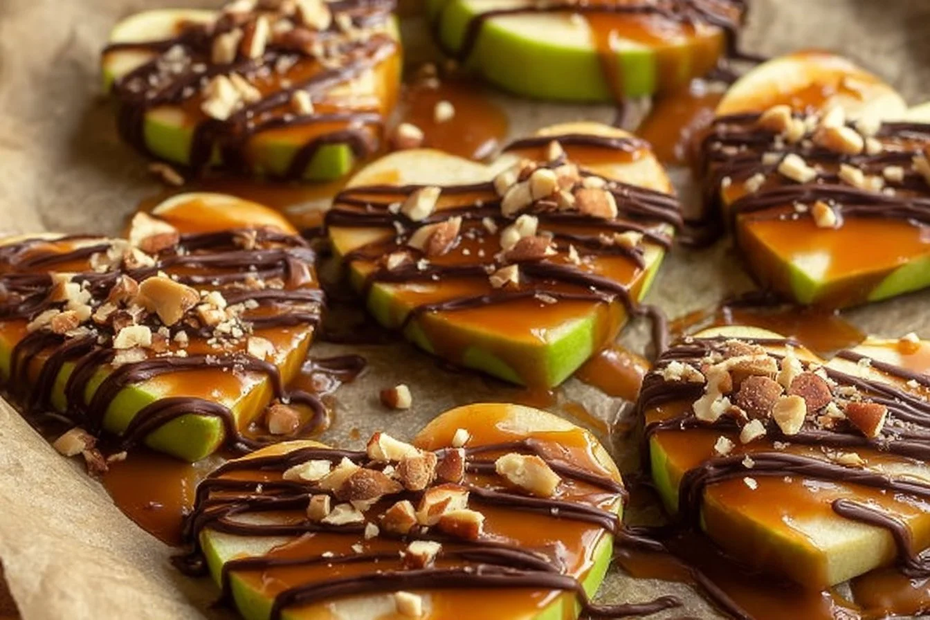 Delicious caramel apple slices drizzled with caramel sauce