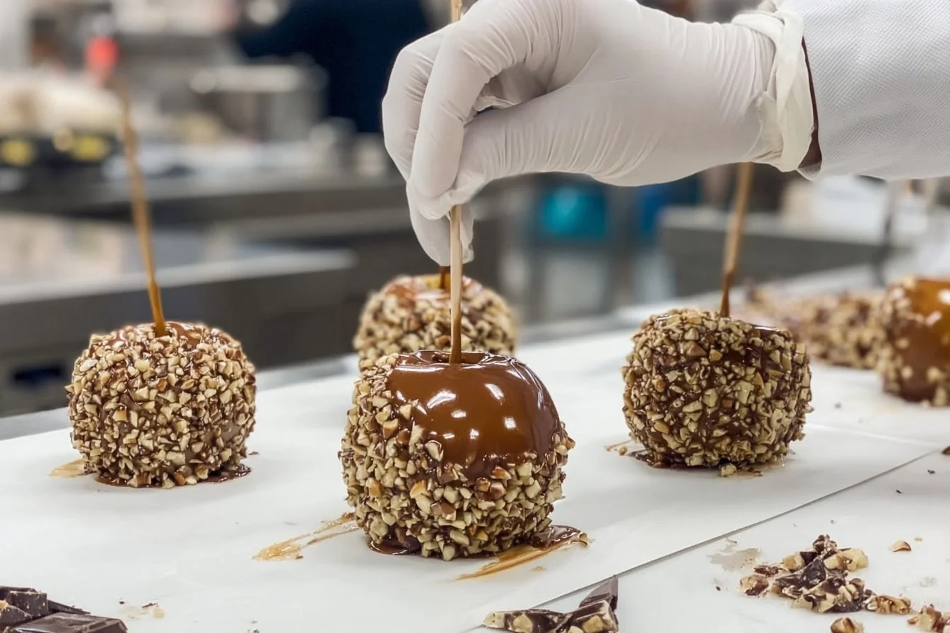 Delicious caramel apples drizzled with chocolate and topped with nuts