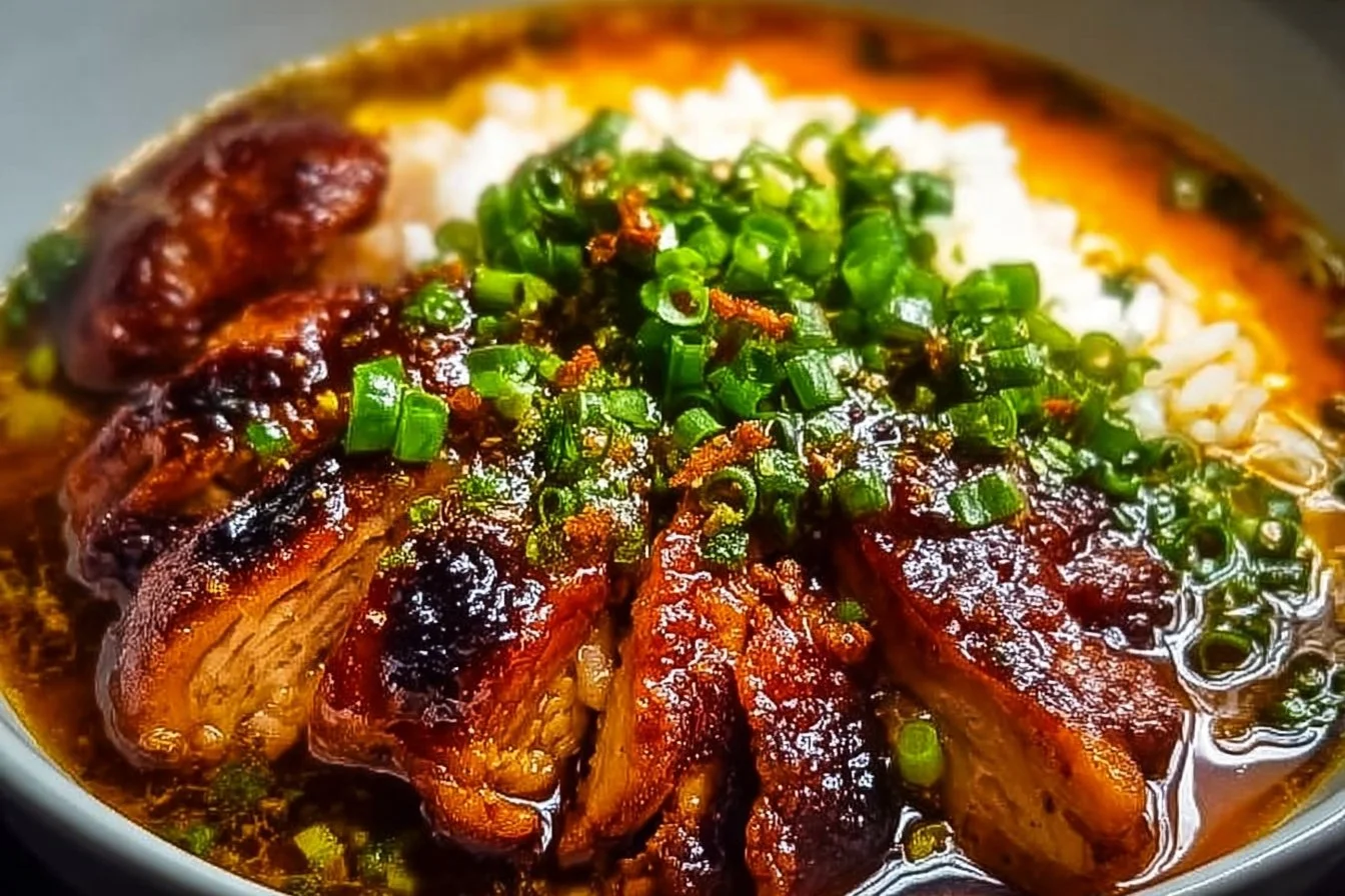 Delicious caramelised soy chicken served in garlic ginger broth with rice