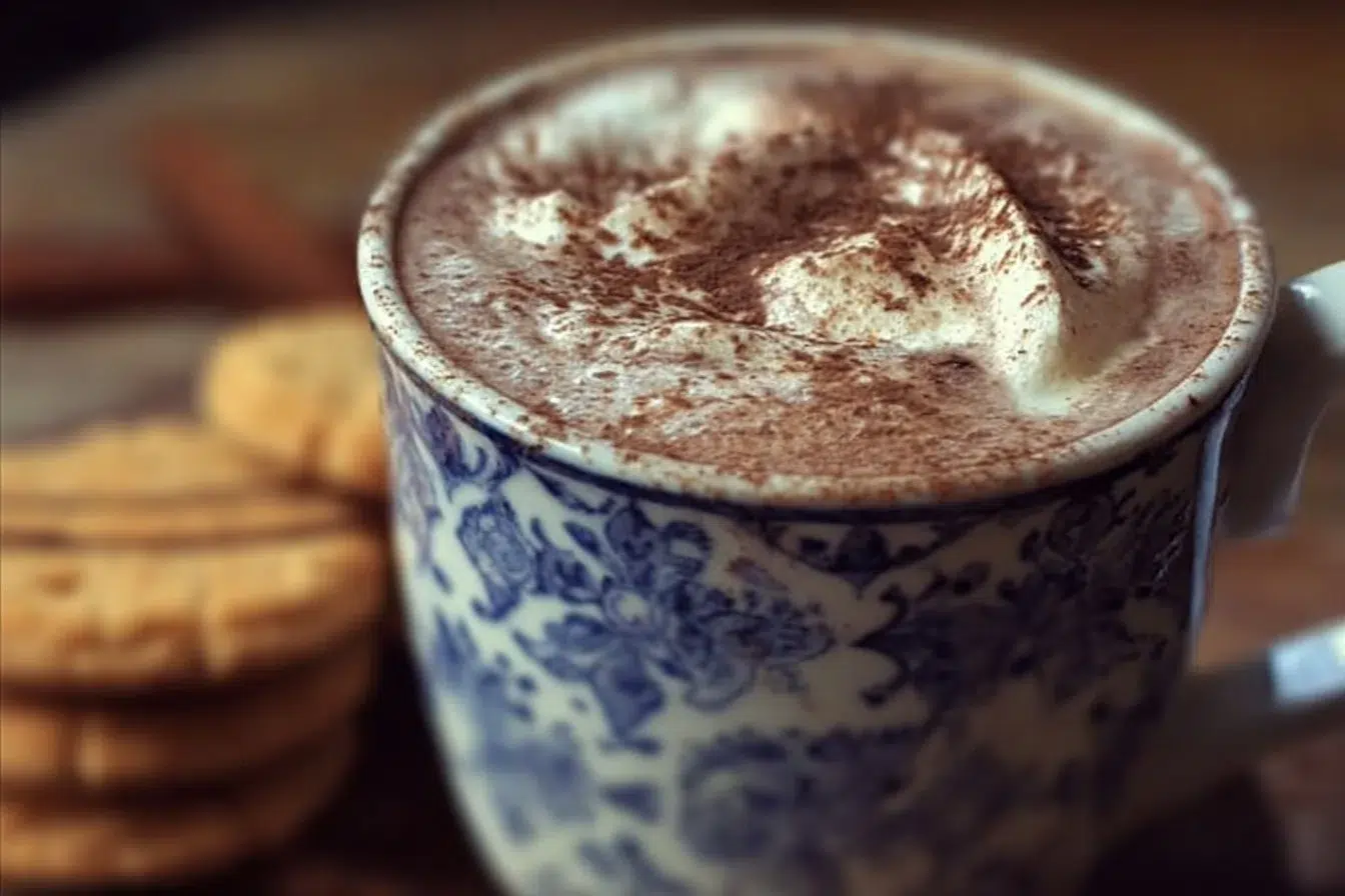 Delicious chai spiced hot chocolate topped with whipped cream and spices
