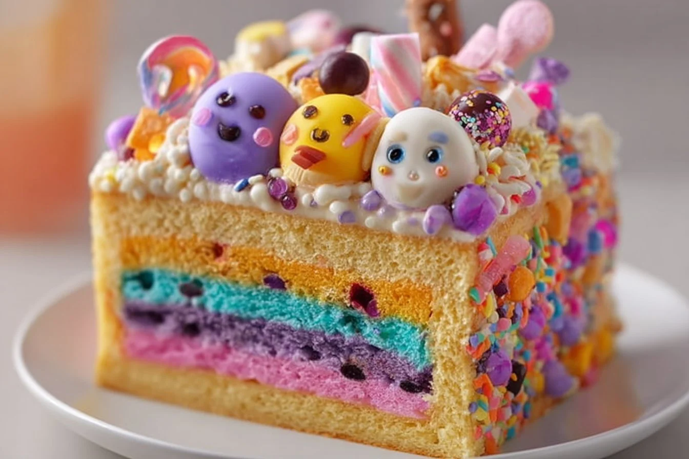 Colorful chaos cake with silly decorations for a fun celebration
