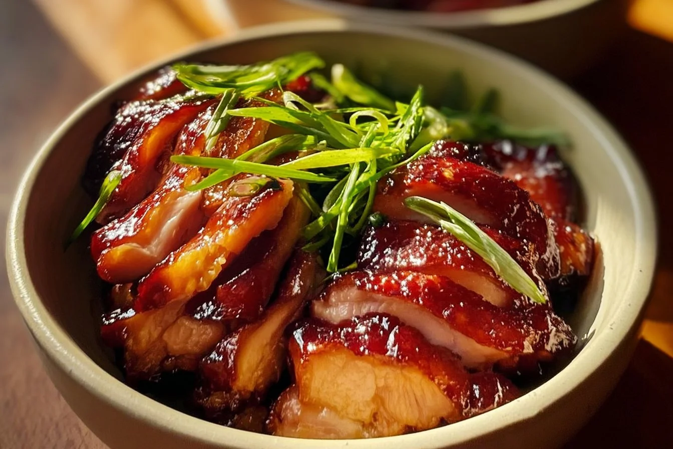 Delicious plate of Char Siu Chicken with vibrant roasted color and sauces