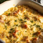 Delicious cheesy chicken spaghetti served with fresh herbs