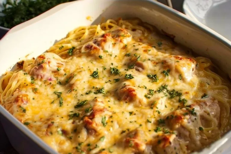 Delicious cheesy chicken spaghetti served with fresh herbs