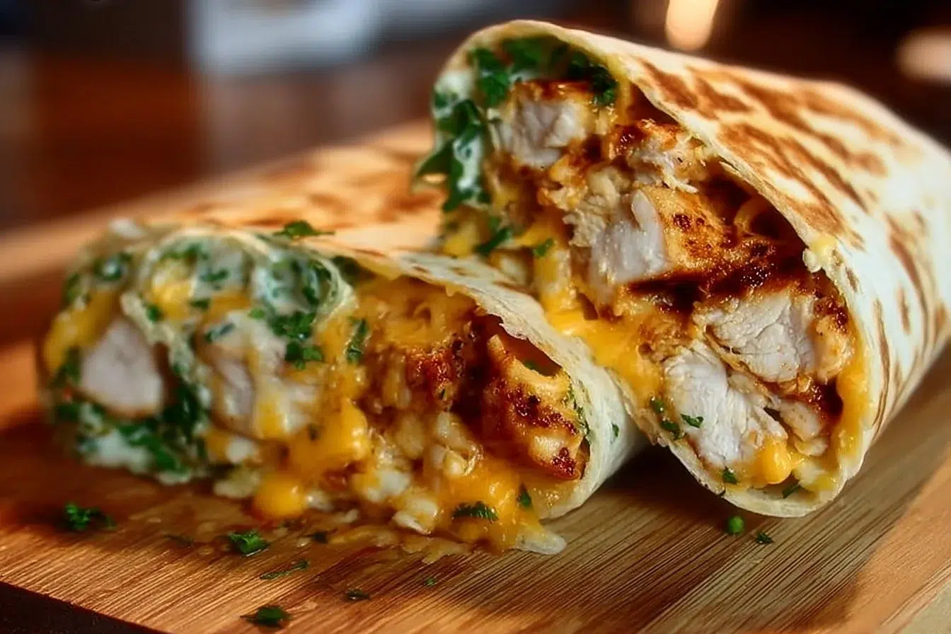 Delicious cheesy chicken wrap filled with ingredients and melted cheese