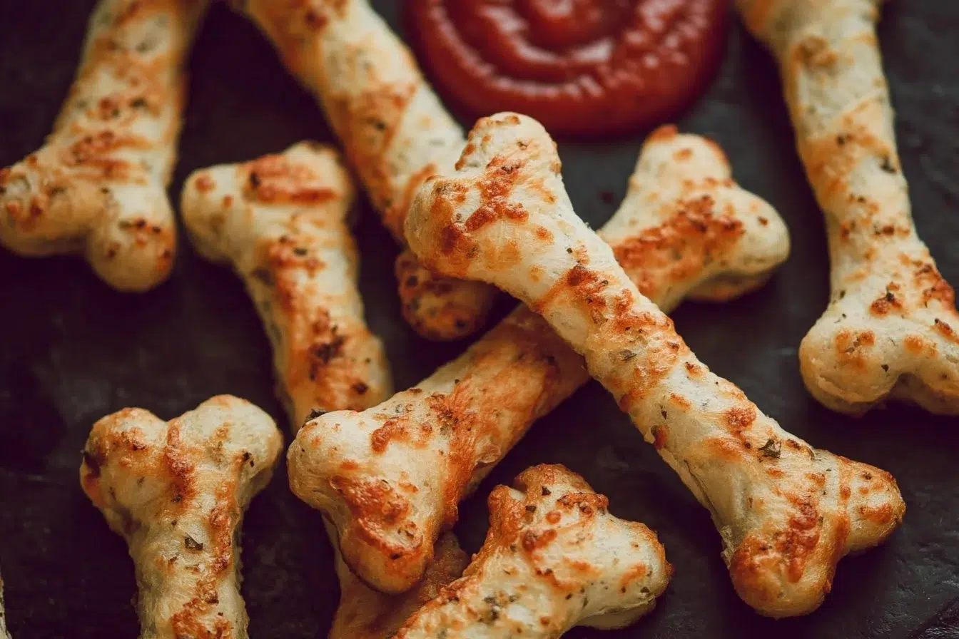 Cheesy Halloween breadstick bones shaped for spooky Halloween fun